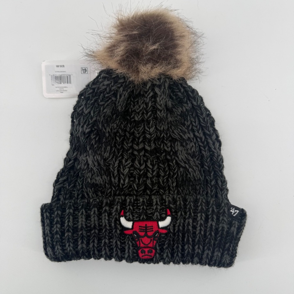 47 Brand Chicago Bulls Meeko Cuff Knit Beanie Black Faux Fur Pom K-MEEKO03ACE-BK
